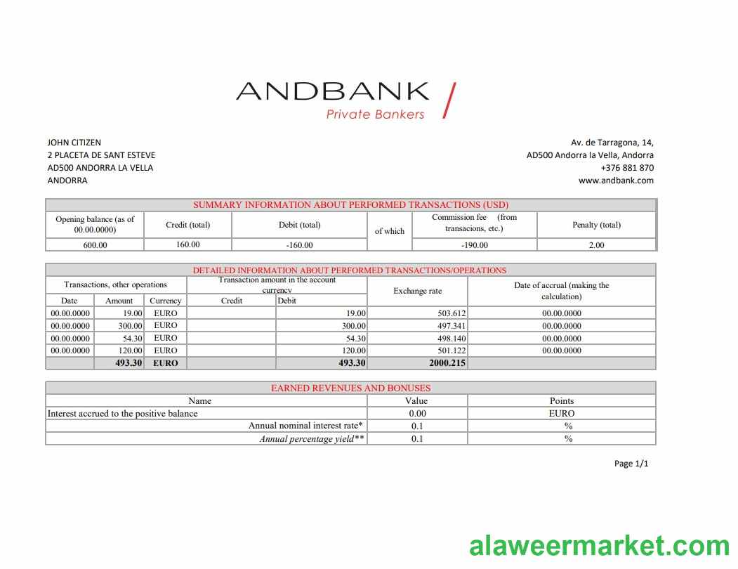 Andorra Andbank bank statement template in Excel and PDF format